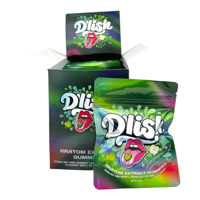 Dlish Kratom Gummies 50mg Mit / Pc | 250mg / 5ct Bag | 10 Bags / Display