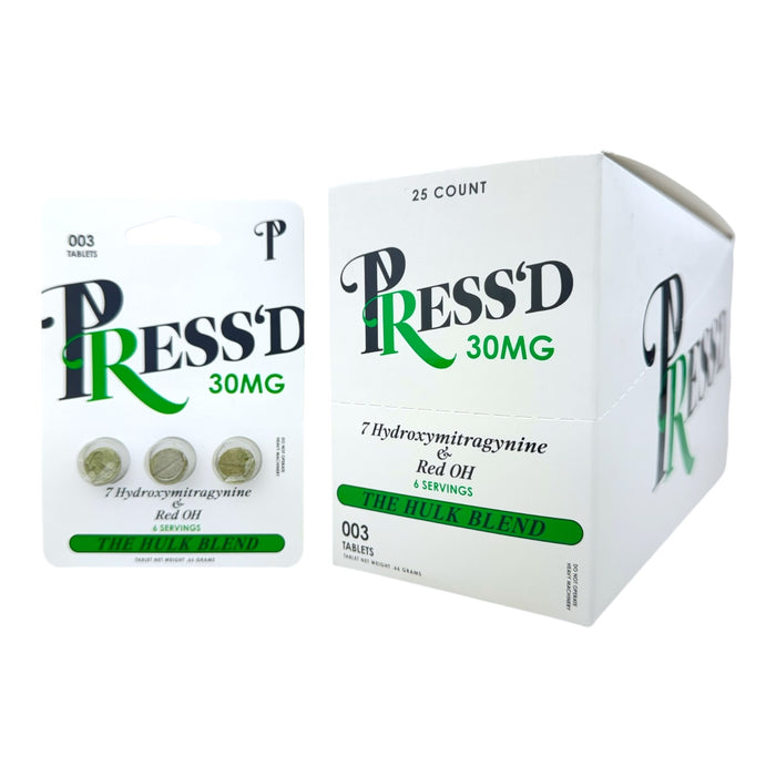 PRESS'D Green 7-Hydroxymitragynine & Red OH 30mg Tablets| 3Tab | 25pc Display | 18D/Case