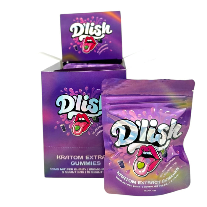 Dlish Kratom Gummies 50mg Mit / Pc | 250mg / 5ct Bag | 10 Bags / Display