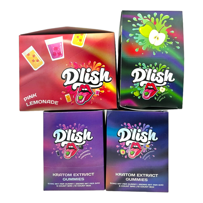 Dlish Kratom Gummies 50mg Mit / Pc | 250mg / 5ct Bag | 10 Bags / Display