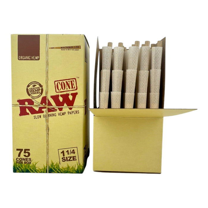 RAW Organic Hemp 1 1/4" Size Pre-rolled Cones 75ct Box | 24pc/cs