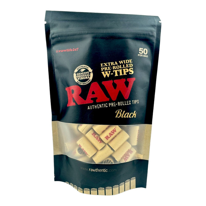 Raw Black Authentic Extra Wide Pre-Rolled W-Tips - 50 Per Bag | 20 Bag/cs