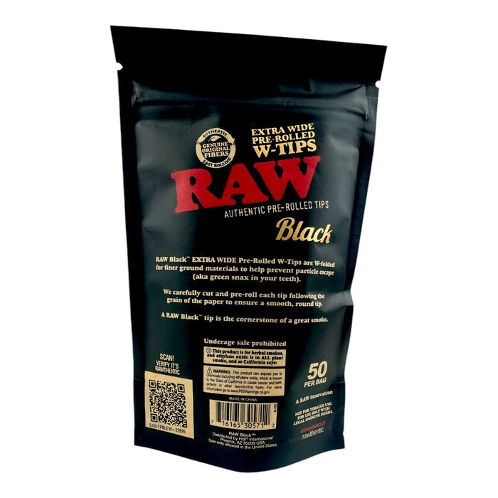 Raw Black Authentic Extra Wide Pre-Rolled W-Tips - 50 Per Bag | 20 Bag/cs